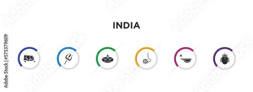 india filled icons with infographic template. glyph icons such as tuk tuk, trident, diwali lamp, navratri, oil lamp, ardhanareeswara vector.