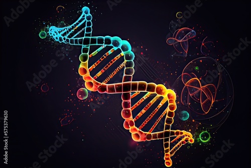Generative AI illustration of DNA molecule composition. Double helix of DNA. Human genome cell genetic biotechnology study. Genetic engineering research and analysis in science laboratories photo