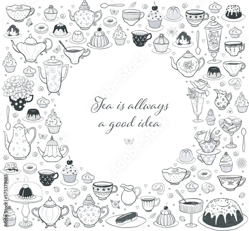 Card with tea party doodles on white background with place for your text. Vector sketch illustration.