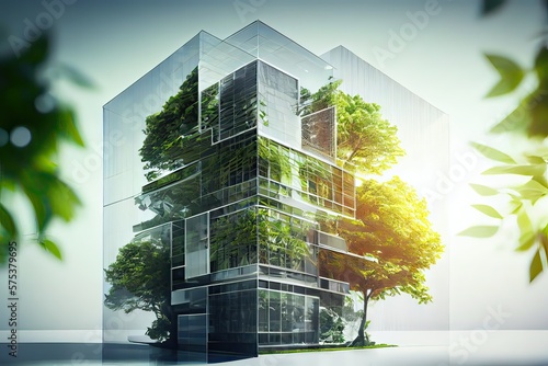 Generative AI illustration of eco friendly construction in a contemporary metropolis. A sustainable glass building with green tree branches and leaves for lowering heat and carbon dioxide.
