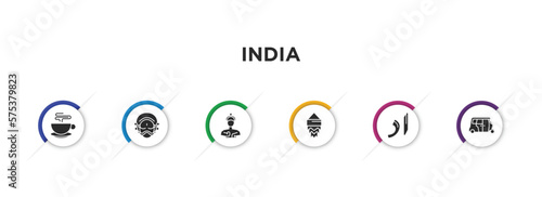 india filled icons with infographic template. glyph icons such as indian tea, yakshagana, indian goddess, kandeel, urdu, rickshaw vector.
