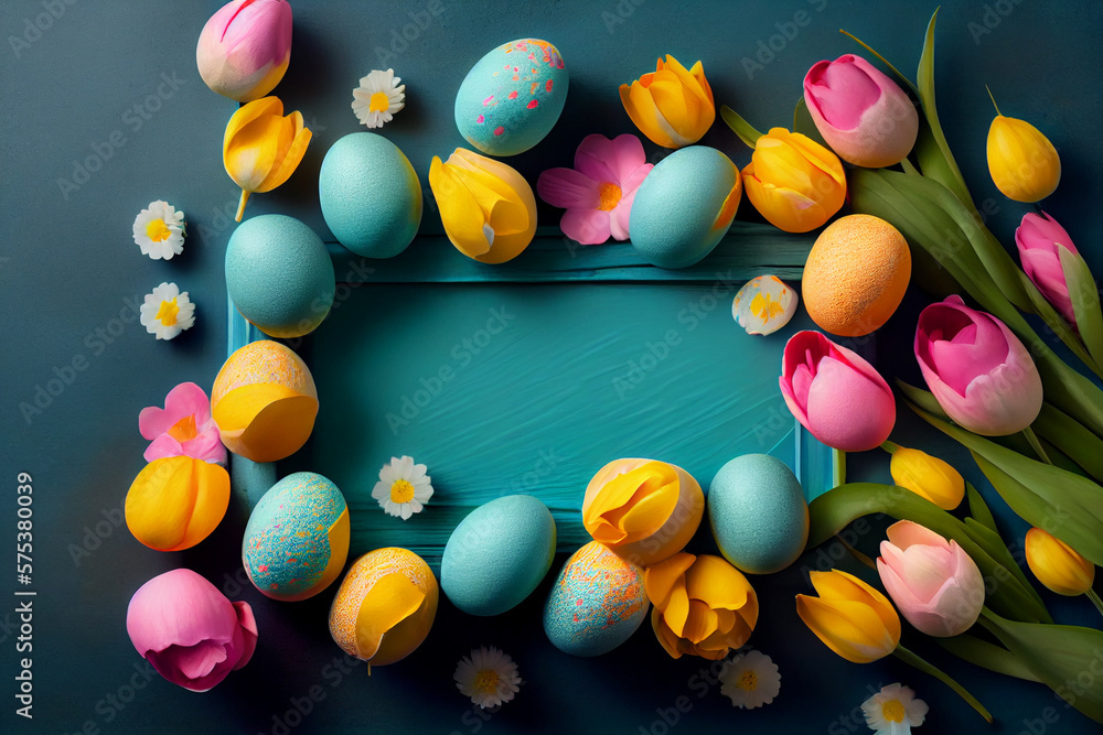 Obraz premium Eggs and flowers for Easter with copy space
