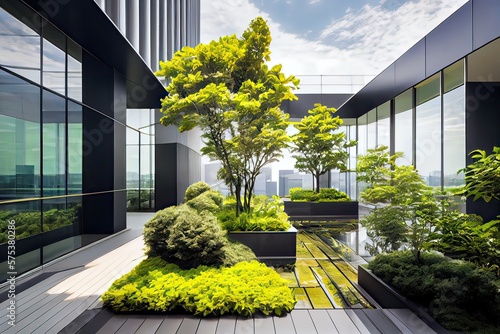 Generative AI illustration of Gorgeous garden on the rooftop of a contemporary glass office building in Asia photo