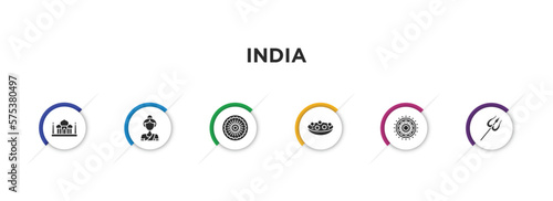 india filled icons with infographic template. glyph icons such as taj mahal, india mother, chakra, kanji vadas, rangoli, shaivism vector.