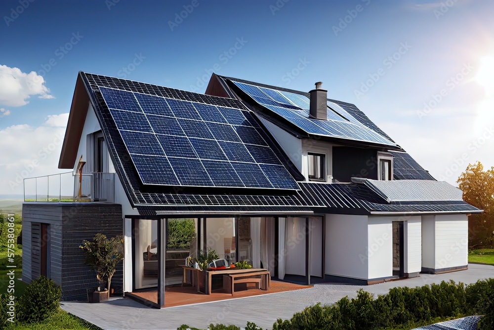 Generative AI illustration of a newly constructed houses with solar panels on the roof under a bright sky, a close up of a brand new structure with blue solar panels Generative AI illustration of a newly constructed houses with solar panels on the roof under a bright sky, a close up of a brand new structure with blue solar panels