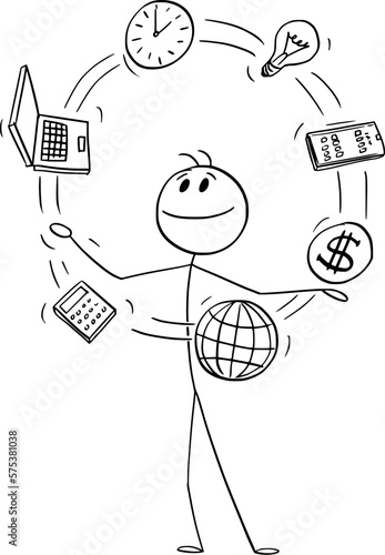 Businessman Juggling, Time Management and Multitasking , Vector Cartoon Stick Figure Illustration