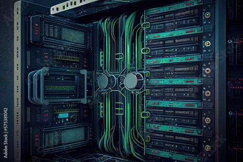 Generative AI illustration of a platform for hosting contemporary Internet contents. Rack housing server data storage hardware. The equipment in the data center is connected by a lot of network cables