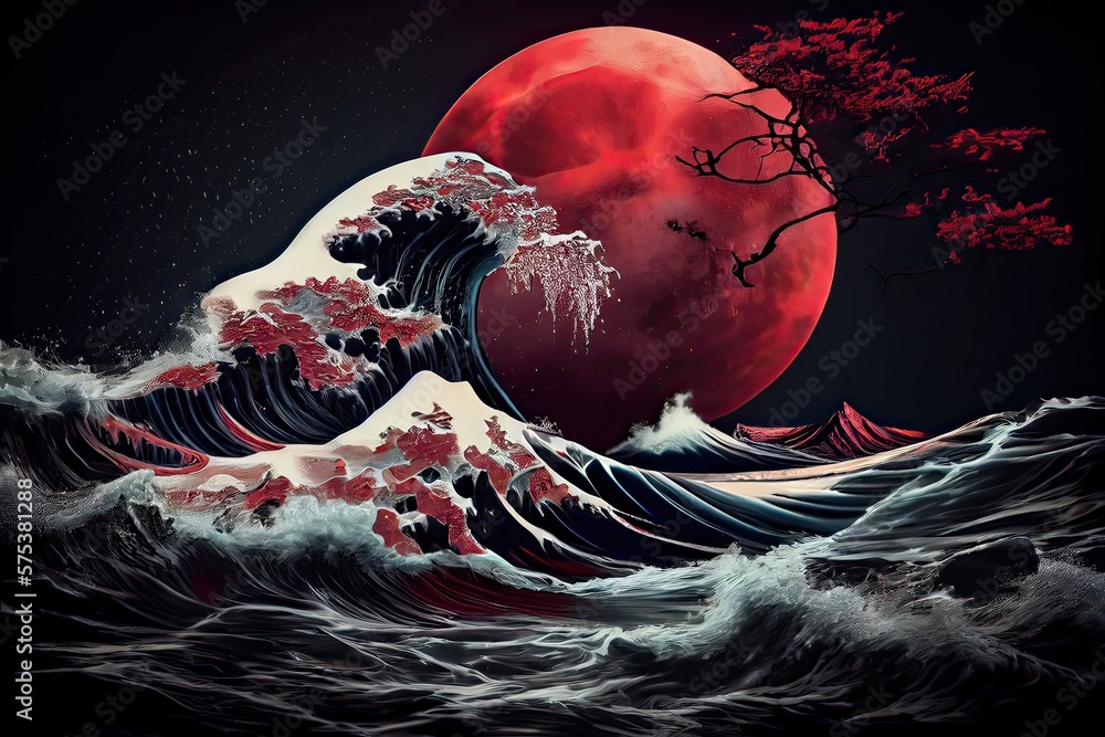 Generative AI illustration of a sea dark night landscape. Red Moonlight