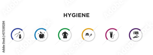 hygiene filled icons with infographic template. glyph icons such as nail scissors, food hygiene, body shaming, shower cap, electric razor, hand dryer vector.