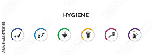 hygiene filled icons with infographic template. glyph icons such as toilet brush, antiseptic, washbasin, depilator, appointment book, pump bottle vector.