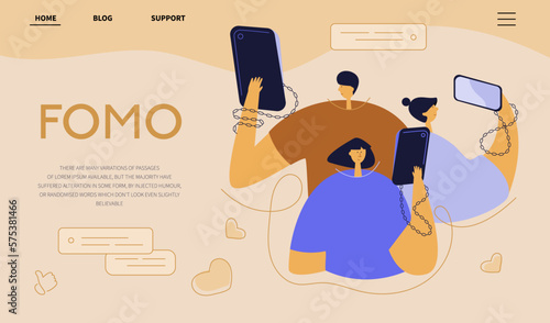 The landing page  with mans and women have got phone addiction, FOMO, device bad habit. They  looks in smartphone, chatting in virtual social network or play a game. SAVE YOURSELF, will be free.