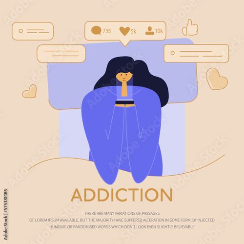 The woman lies in bed, fall asleep and looks in smartphone. She chatting in virtual social network or play a game. She has phone addiction, FOMO, device bad habit. SAVE YOURSELF, will be free.