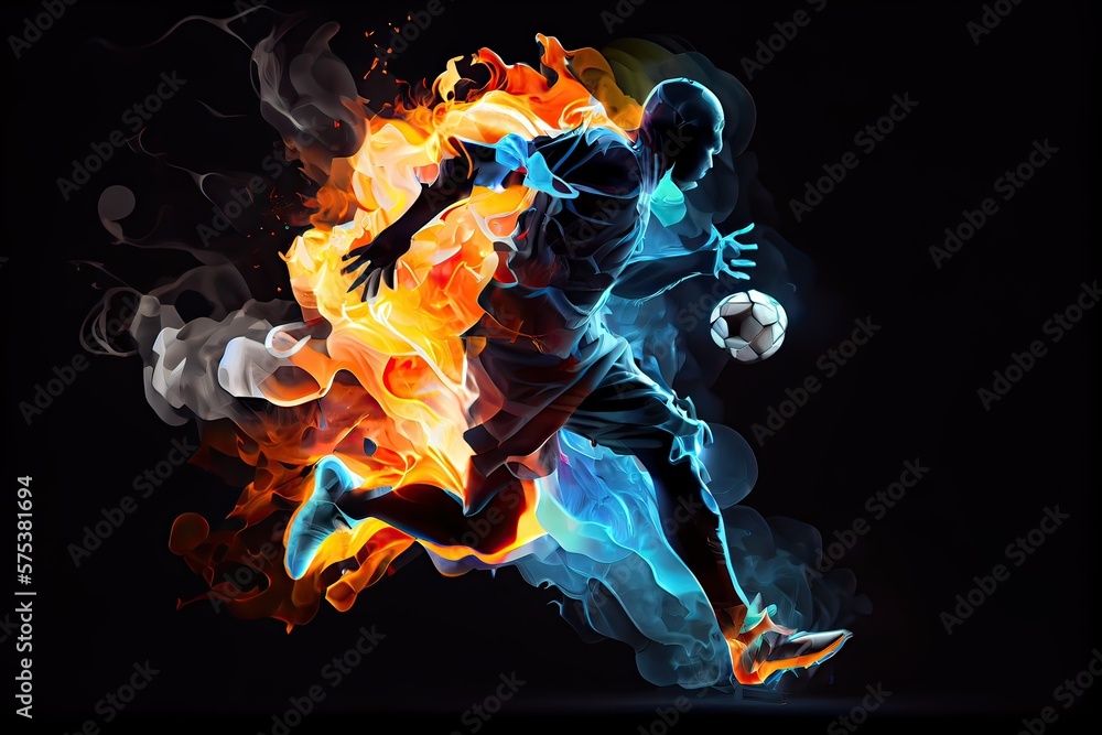 Generative AI illustration of the essence of a soccer player in motion as they kick a ball with intense energy, surrounded by vibrant colors and splashes Generative AI illustration of the essence of a soccer player in motion as they kick a ball with intense energy, surrounded by vibrant colors and splashes