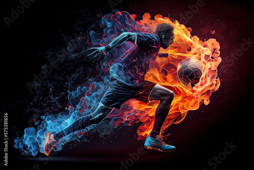 Generative AI illustration of the essence of a soccer player in motion as they kick a ball with intense energy  surrounded by vibrant colors and splashes