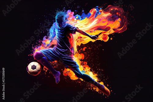 Generative AI illustration of the essence of a soccer player in motion as they kick a ball with intense energy, surrounded by vibrant colors and splashes © CravenA
