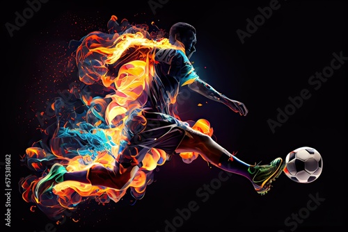 Generative AI illustration of the essence of a soccer player in motion as they kick a ball with intense energy  surrounded by vibrant colors and splashes