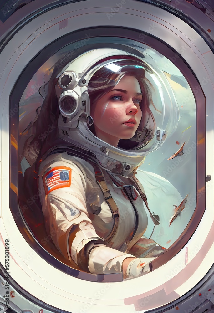 Generative AI illustration of the girl is the captain of a spaceship, a white spacesuit, a dashboard, a huge porthole