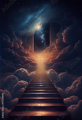 Generative AI illustration of a stunning staircase that leads up to a heavenly realm. The stairs are illuminated with a soft, ethereal light, a misty, magical haze