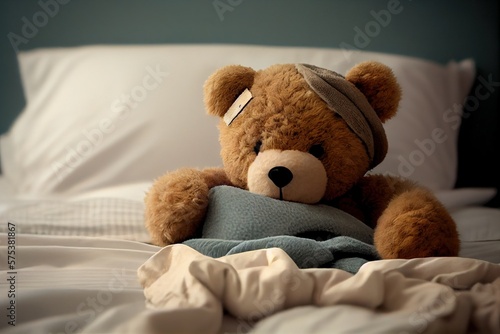 Generative AI illustration of a teddy bear laying in bed and feeling sick