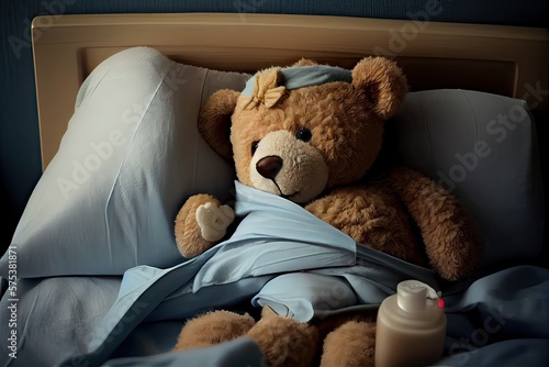 Generative AI illustration of a teddy bear laying in bed and feeling sick