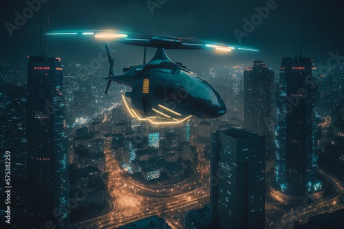 Urban air mobility at night fly across city. Air taxi, UAM urban air mobility, Public aerial transportation, Passenger Autonomous Aerial Vehicle AAV in futuristic city. Generative AI photo