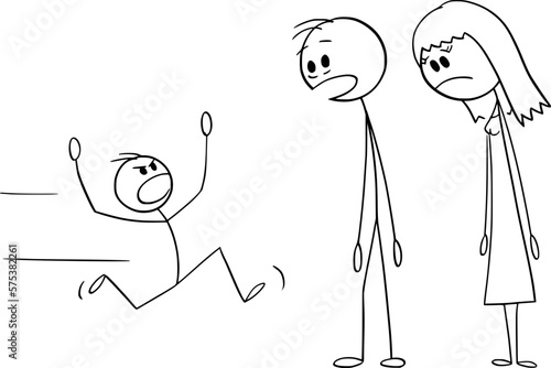 Parents Looking at Naughty Child , Vector Cartoon Stick Figure Illustration