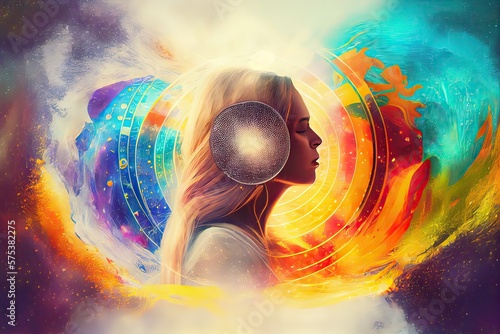 Generative AI illustration of woman in sound healing therapy and meditation and healing, uses aspects of music to improve health and well being, can help your meditation and relaxation at home photo