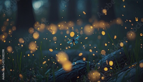 Magical firefly field at night. Lightning bugs in an enchanted landscape. Abstract glowing wallpaper background. photo
