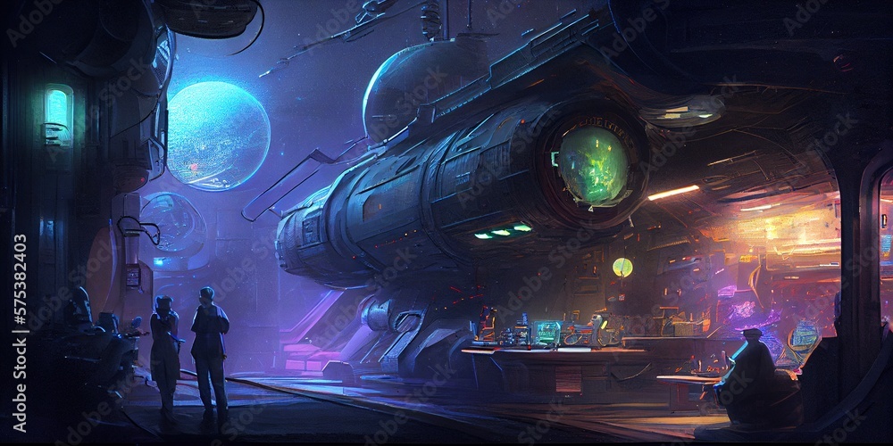 Generative AI illustration of the dark side of space trade, a bustling ...