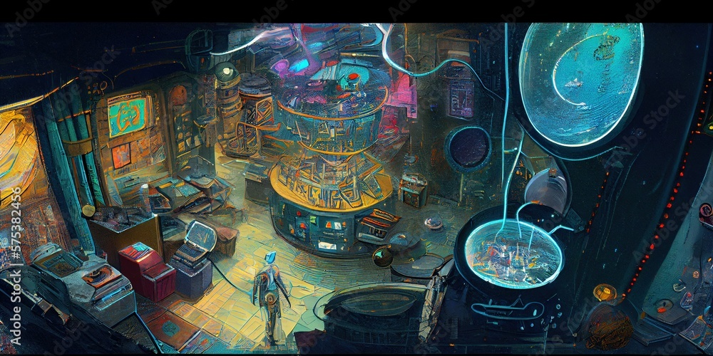 Generative AI illustration of the dark side of space trade, a bustling station for enigmas and oddities, a futuristic space station, bustling with activity and commerce