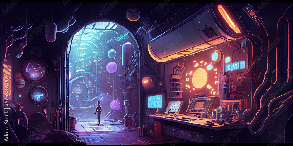 Generative AI illustration of the dark side of space trade, a bustling ...