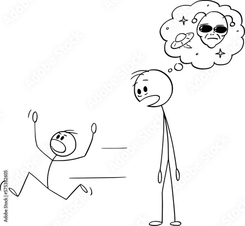 Father Looking at Furious Child and Thinking That It's Extraterrestrial Being, Vector Cartoon Stick Figure Illustration
