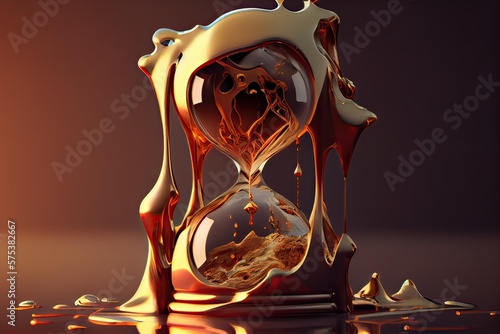 Generative AI illustration of the illusion of time, a surreal clock made of golden and mercury materials, melting in a distorted and fluid manner