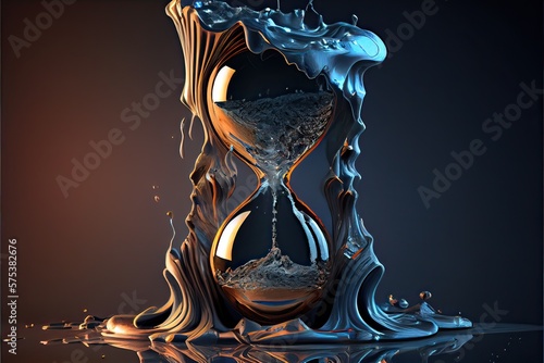 Generative AI illustration of the illusion of time, a surreal clock made of golden and mercury materials, melting in a distorted and fluid manner photo