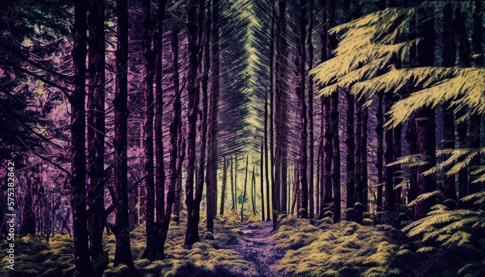 Obraz premium Purple leaves in the forest. Yellow fir trees. Abstract Woods. Woodland background wallpaper.