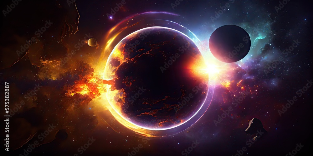 Fototapeta premium Generative AI illustration of abstract fantastic space of the universe. Space background with nebula and stars. Dark space background with an unknown planet, flashes of light in space