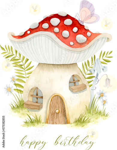 Watercolor toadstool mushroom house illustration with butterfly, fireflies and grass with flowers