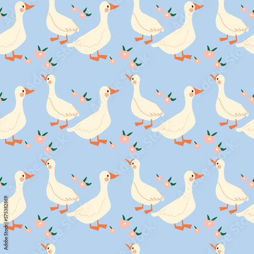 Seamless Spring Pattern with Geese and Pink Flowers in Gentle Colors. Easter Theme. Cute seamless pattern with goose and doodle flowers after the rain