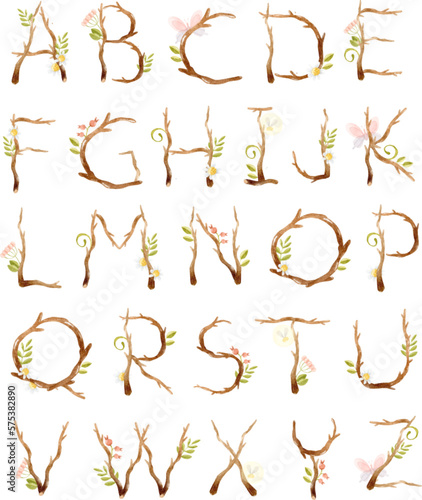 Watercolor branches alphabet with flowers and butterflies 