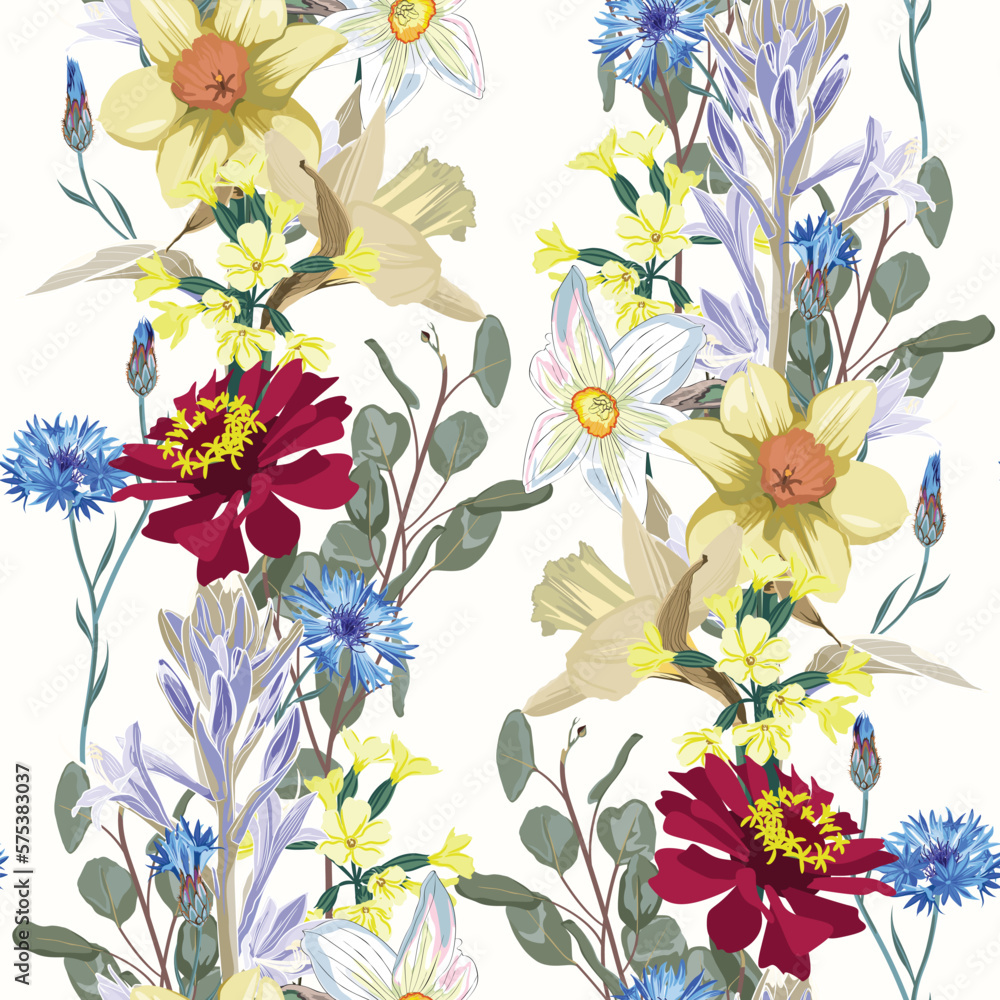 Seamless pattern with spring flowers on white background, floral ...