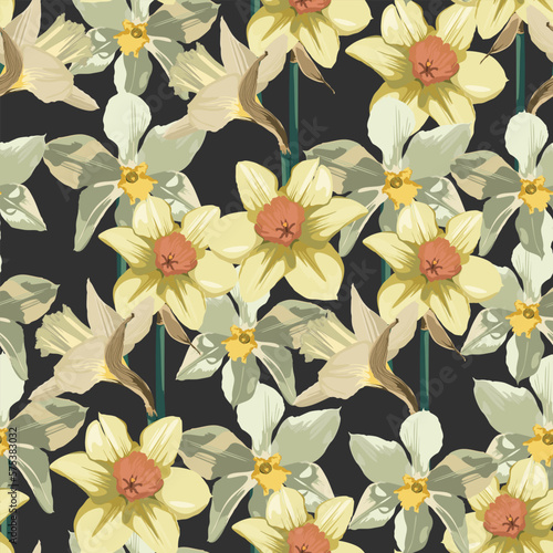 Elegance Seamless pattern with flowers narcissus on black background  floral illustration in modern style.  Floral pattern for invitations  cards  print  gift wrap  manufacturing  textile  fabric.