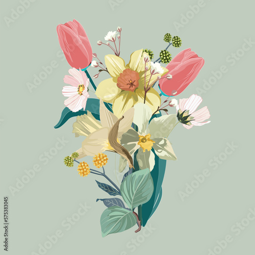 Flower Bouquet floral bunch, design object, element. Tulips, daffodils flowers, rustic floral elegant wedding card. All elements editable.