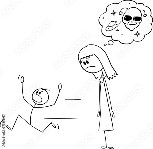 Mother Looking at Furious Child and Thinking That It's Extraterrestrial Being, Vector Cartoon Stick Figure Illustration