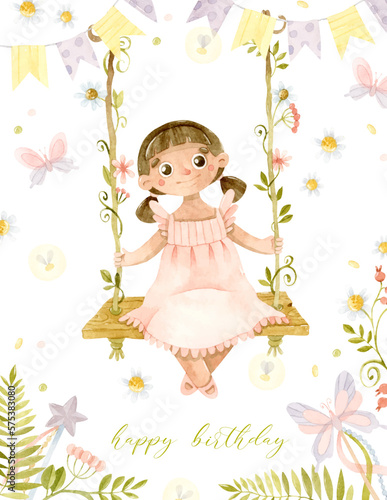 Latino girl on floral swing watercolor illustration for birthday greeting card 