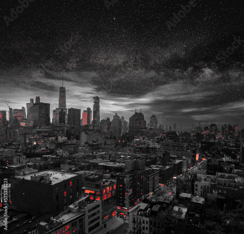 Photography Red lights and stars shining in a black and white night time cityscape with the