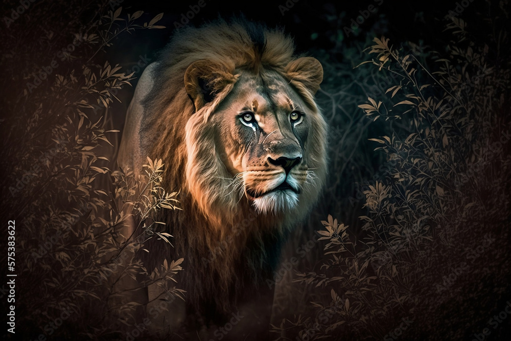 A powerful portrait of a wild African lion in the jungle at night, Generative Ai