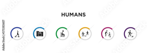 humans filled icons with infographic template. glyph icons such as fitness exercises, single file, sitting down, playing with a ball, feeding, smortsmen vector.