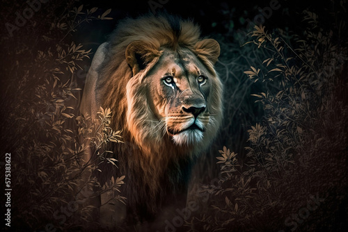 A powerful portrait of a wild African lion in the jungle at night  Generative Ai