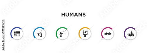 humans filled icons with infographic template. glyph icons such as business presentation, mountain climb, man dancing, angry man, helping, housewife shopping vector.