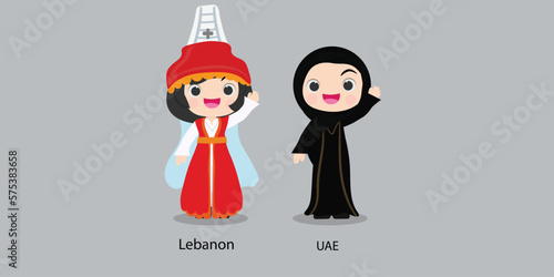 Lebanon in national dress with a flag.  woman in traditional costume. Travel to UAE. People. Vector flat illustration.